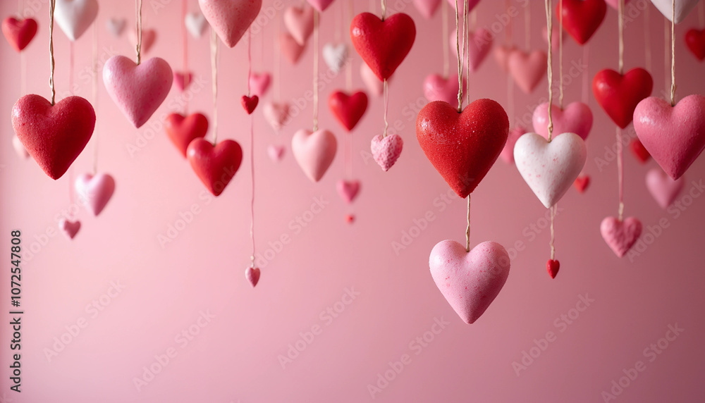 Delicate hanging hearts in shades of red and pink create a whimsical Valentine's Day decoration against a soft pink backdrop