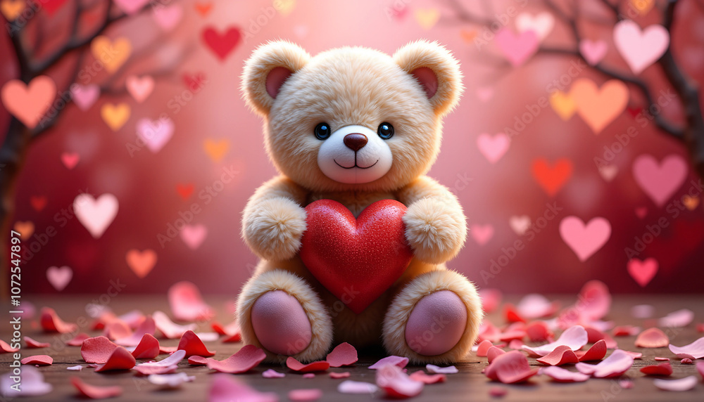 A cuddly teddy bear holds a heart surrounded by vibrant petals and love-filled decorations for a joyful Valentine's Day celebration A cuddly teddy bear holds a heart surrounded by vibrant petals and love-filled decorations for a joyful Valentine's Day celebration