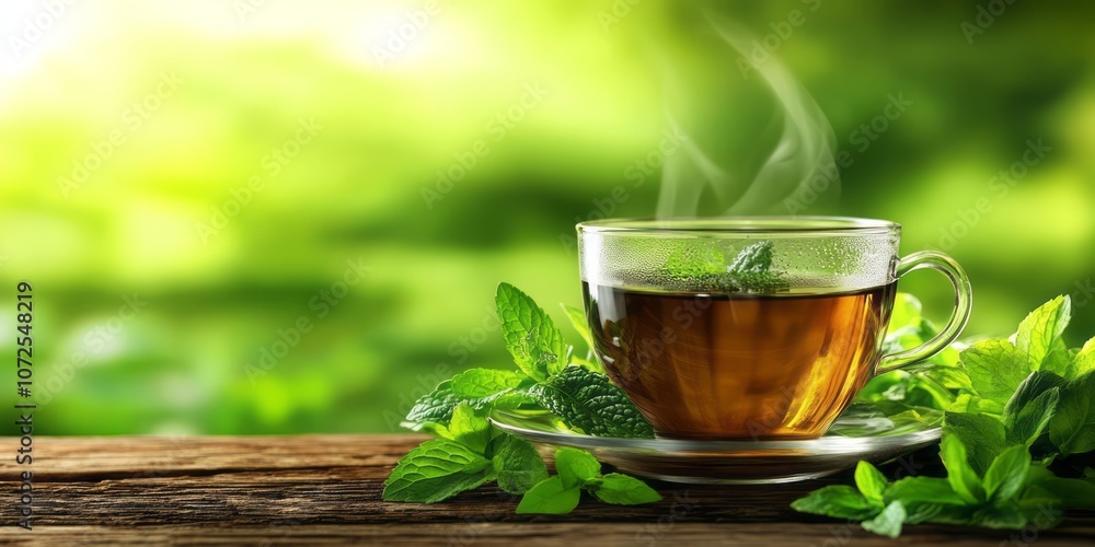 A Glass of Hot Tea with Steaming Water and Fresh Mint Leaves on a Wooden Table A Glass of Hot Tea with Steaming Water and Fresh Mint Leaves on a Wooden Table