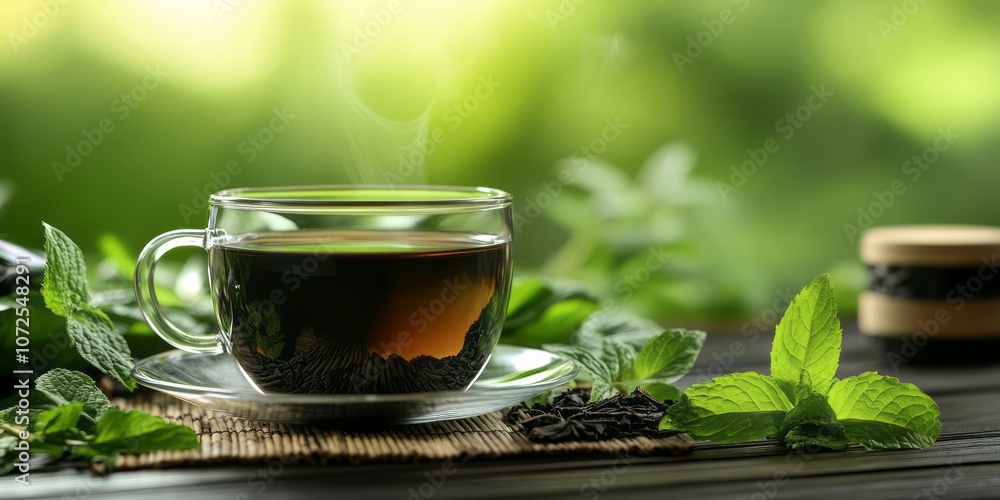 Steaming Cup of Tea with Fresh Mint Leaves on a Wooden Table Steaming Cup of Tea with Fresh Mint Leaves on a Wooden Table