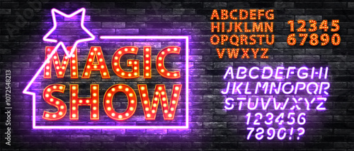 Vector neon sign of Magic Show with alphabet font isolated on the wall background.