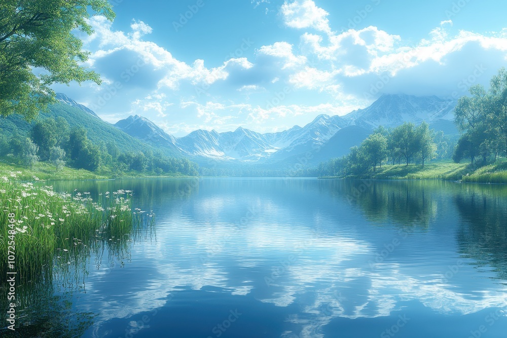 Serene lake reflecting mountains and clouds on a sunny day in a natural landscape Serene lake reflecting mountains and clouds on a sunny day in a natural landscape
