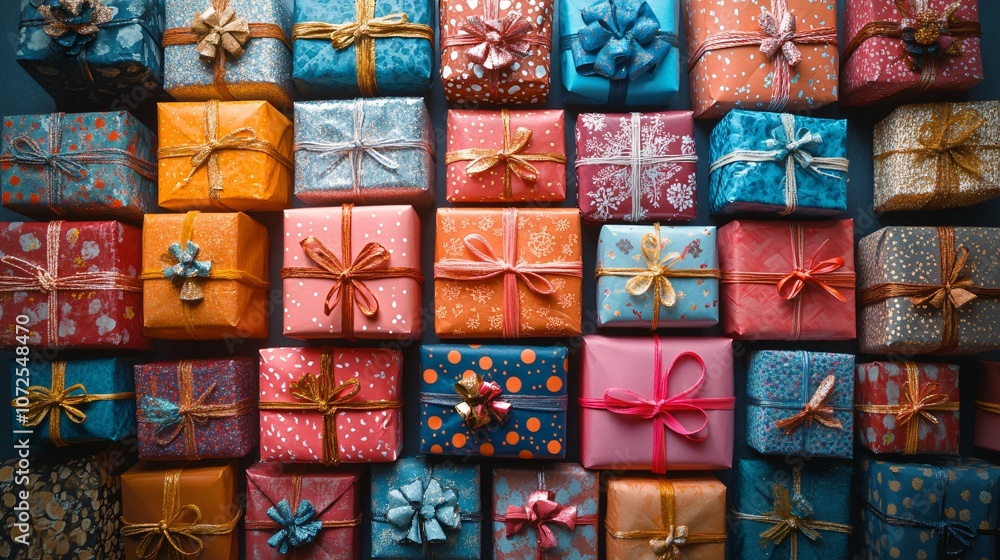 A colorful array of wrapped gift boxes ready for celebration and special occasions at home A colorful array of wrapped gift boxes ready for celebration and special occasions at home