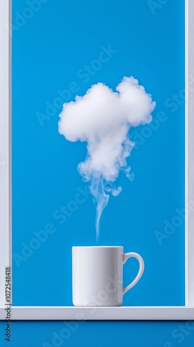 There is a small cloud floating over a steaming coffee cup placed on a wooden surface in front of a window with a background of blue skies. photo