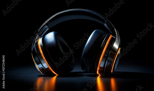 Black headphones with orange accents on a dark background, reflecting light. photo