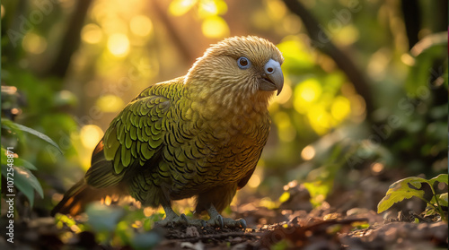 Close-up of a rare kakapo parrot in its natural forest environment. Perfect for wildlife conservation posters, nature education materials, eco-tourism brochures, and environmental campaigns.