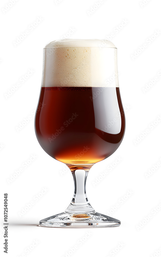 Beer Glass with Thick Foam, Featuring Amber Beer,on a White Background Beer Glass with Thick Foam, Featuring Amber Beer,on a White Background