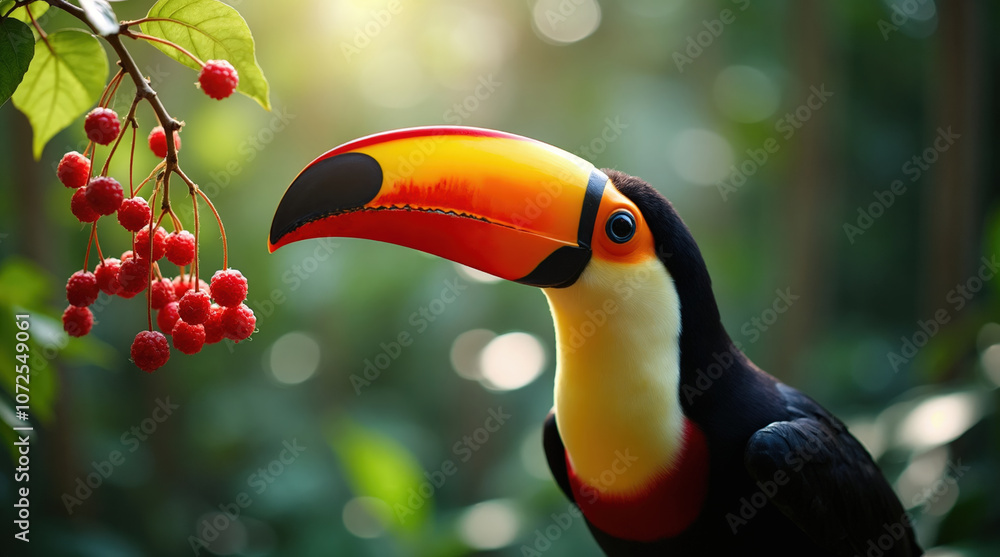 A vibrant toucan with red berries against a lush green jungle backdrop. Ideal for nature blogs, eco-tourism promotions, and environmental campaigns. A vibrant toucan with red berries against a lush green jungle backdrop. Ideal for nature blogs, eco-tourism promotions, and environmental campaigns.