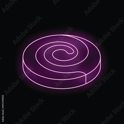 Glowing neon purple sign in the shape of a swirl lollipop candy, on a black background