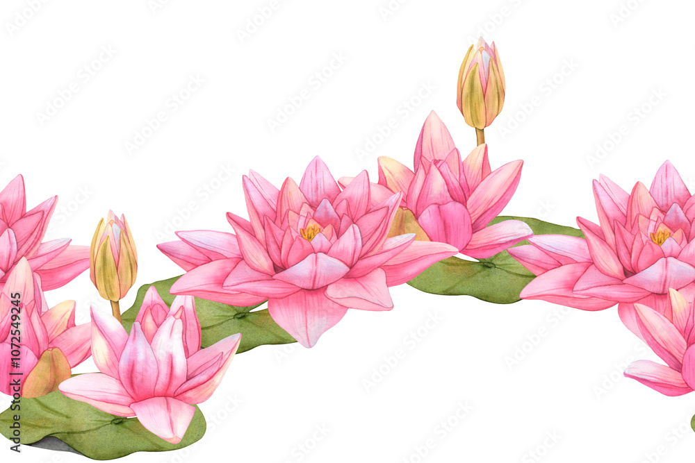 Naklejka premium Hand drawn Watercolor Seamless Border with pink Lotus Flowers and leaves. Water Lily botanical Illustration on isolated background. Pink tropical Flowers for invitations, print and card design