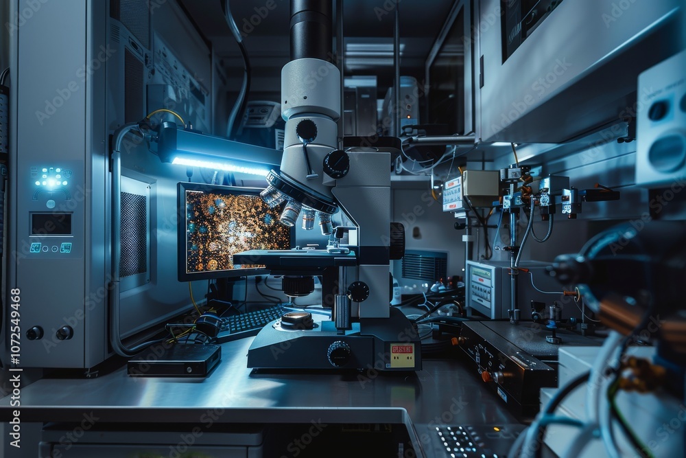 Scanning electron microscope in a physical lab, computer education, atom observation, nano Scanning electron microscope in a physical lab, computer education, atom observation, nano