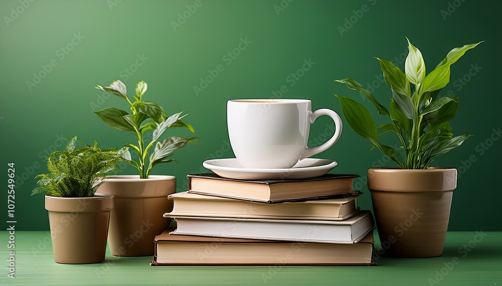cup of coffee on books and plants in flowerpots on green background cup of coffee on books and plants in flowerpots on green background