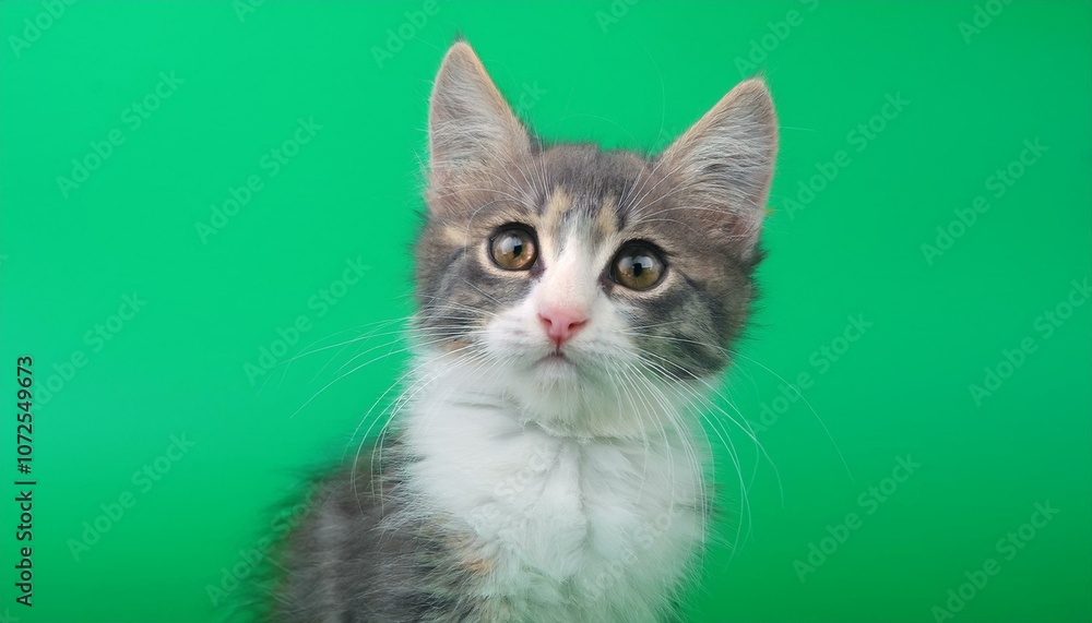 Fototapeta premium gray white kitten looks in different directions on a green screen slow motion