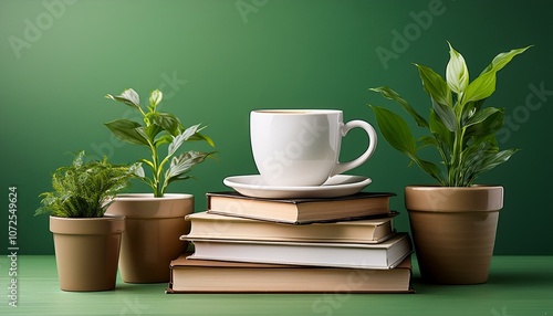 Wallpaper Mural cup of coffee on books and plants in flowerpots on green background Torontodigital.ca