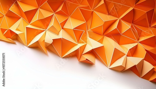 a bright orange background with triangles and a white background