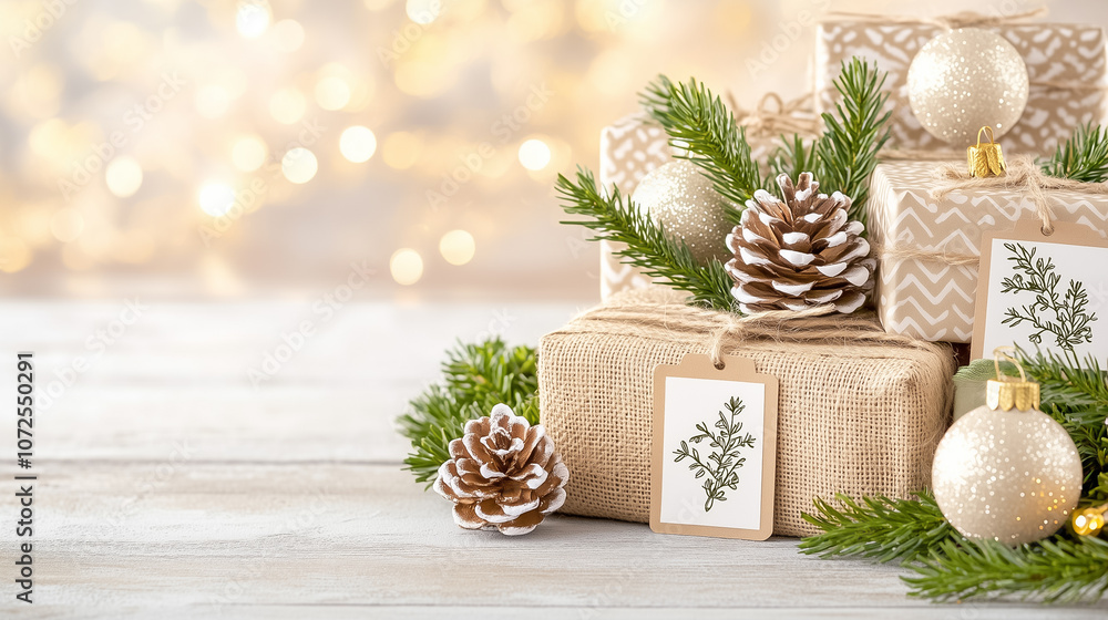 Decorative Christmas gifts adorned with pinecones and ornaments, set on a wooden surface with a festive background Decorative Christmas gifts adorned with pinecones and ornaments, set on a wooden surface with a festive background