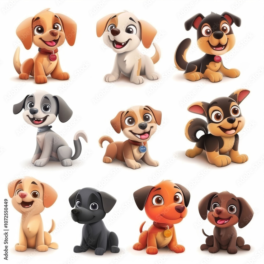 Cute funny cartoon dogs, 3d realistic puppy pet pictogram, dogs set on white background Cute funny cartoon dogs, 3d realistic puppy pet pictogram, dogs set on white background