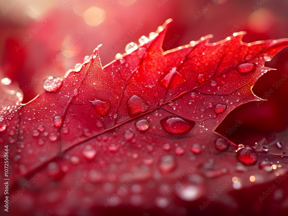Fototapeta premium Macro shot of a maple leaf in bright red dew drops
