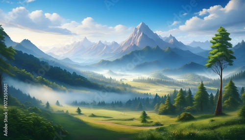 a land with mountains and forest foggy scenery anime illustration