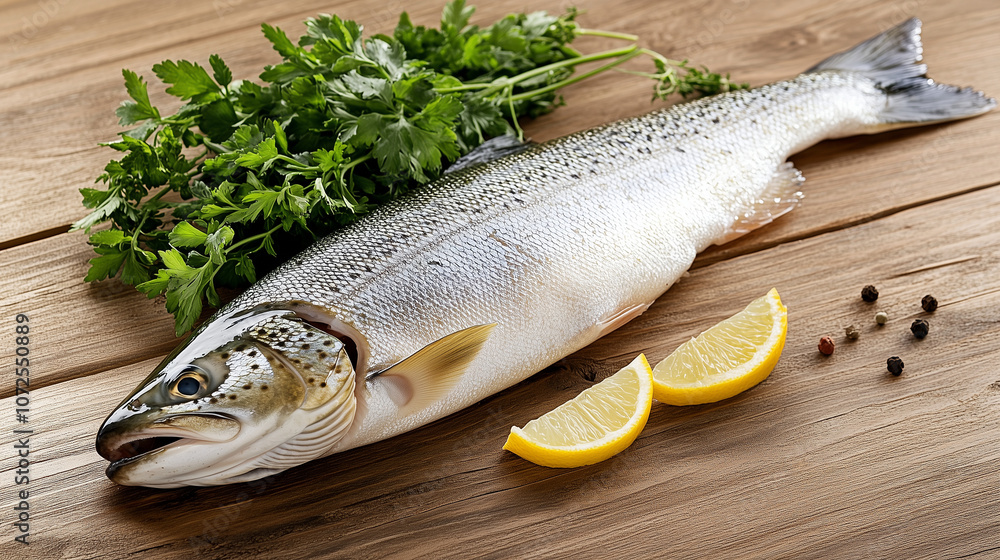 Appetizing Fish Displayed on Rustic Wooden Table Appetizing Fish Displayed on Rustic Wooden Table