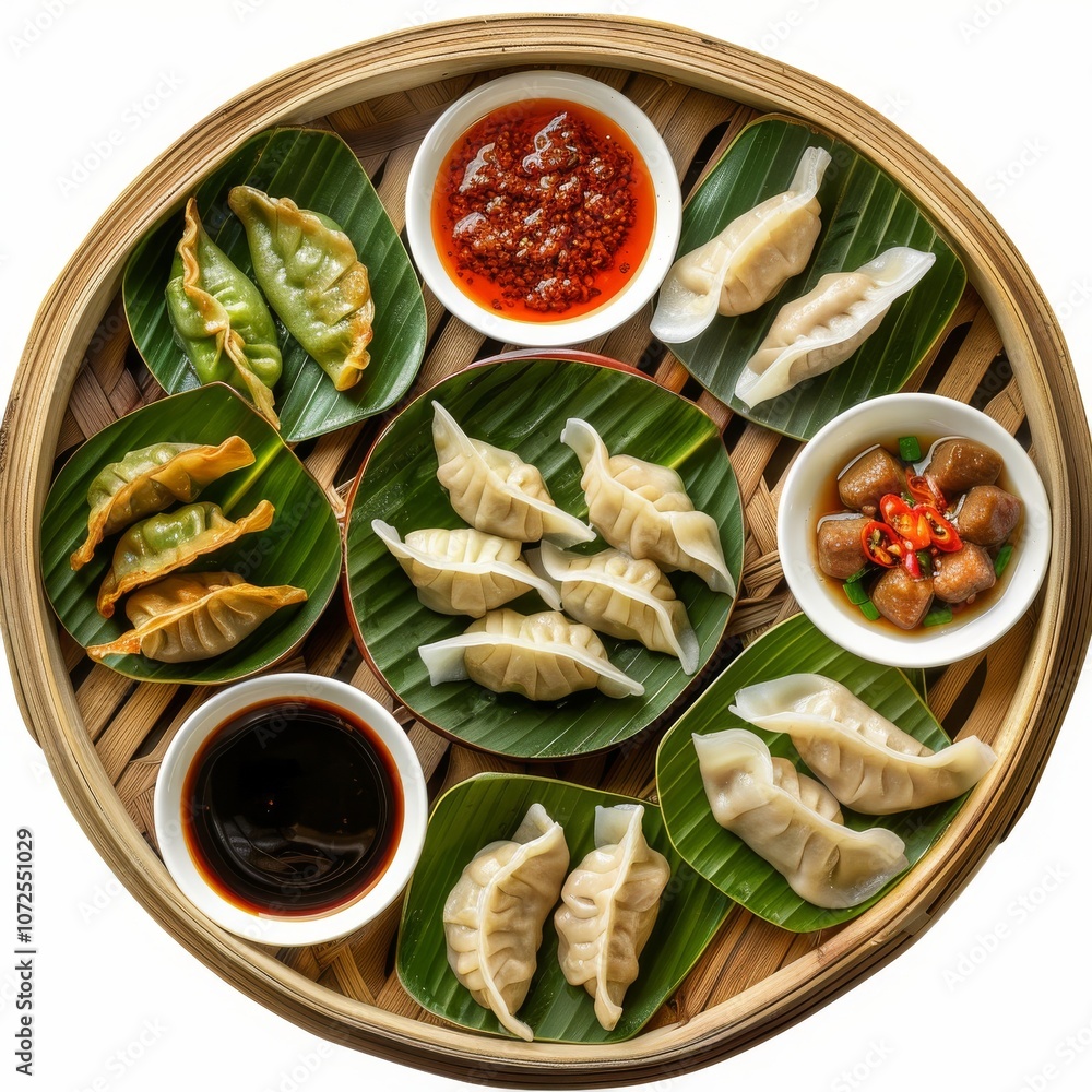 Φωτογραφία Chinese Dim Sum Set, Various Gyoza, Jiaozi or Momo on Banana Leaves, Spicy Sauce