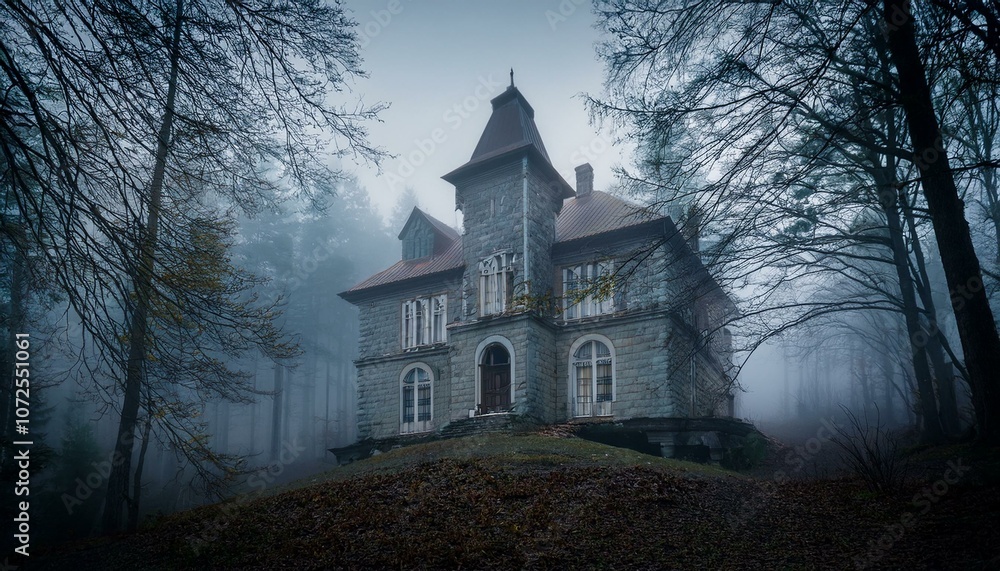 a mysterious mansion stands shrouded in fog hidden deep in the woods a mysterious mansion stands shrouded in fog hidden deep in the woods