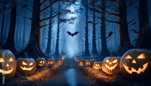 spooky halloween night in a haunted enchanted forest filled with flickering jack o lanterns ghostly apparitions and an eerie photo