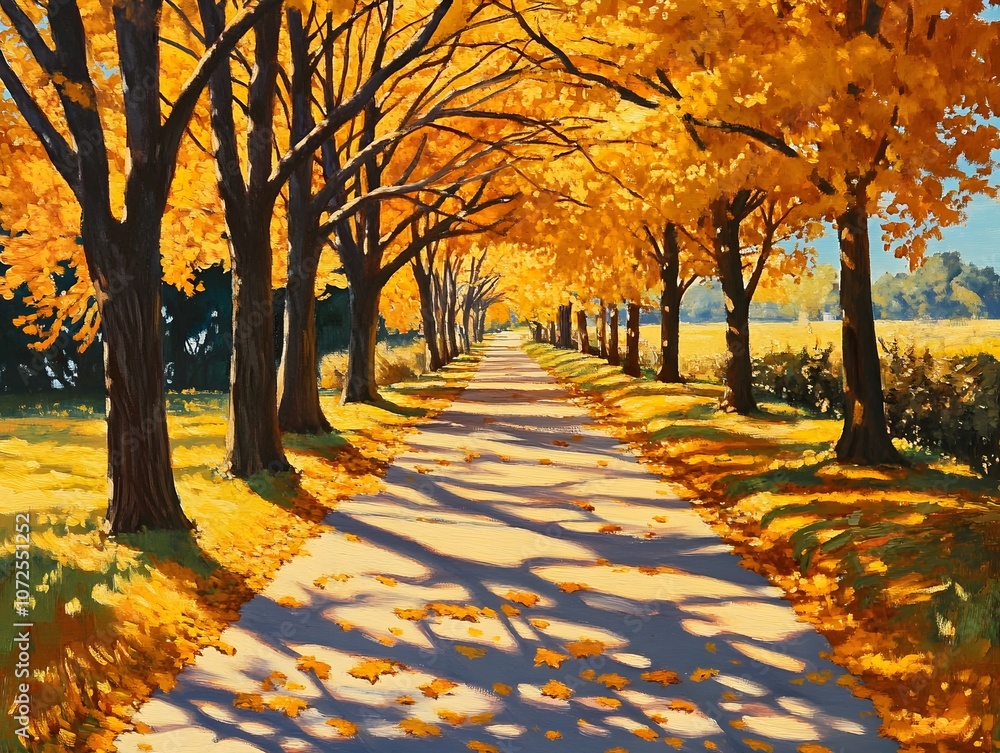Fototapeta premium Maple avenue in autumn golden leaves long shadows