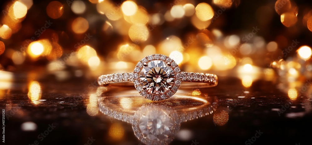 Close-up of a diamond engagement ring with a halo setting. The ring is sitting on a dark surface and there is a blurry background of golden lights. Close-up of a diamond engagement ring with a halo setting. The ring is sitting on a dark surface and there is a blurry background of golden lights.