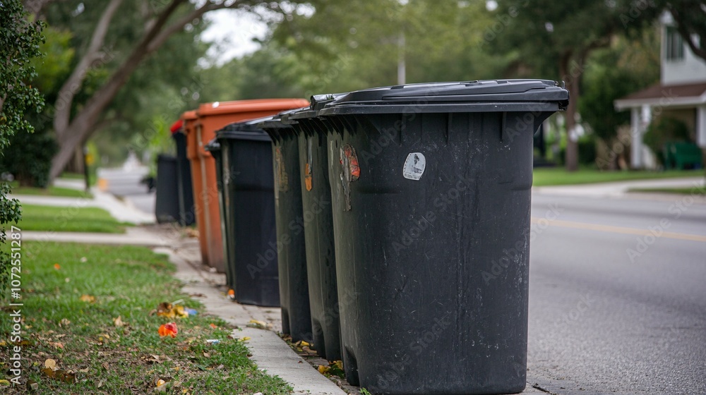 Black Recycling Bins Lined Up on the Sidewalk Black Recycling Bins Lined Up on the Sidewalk