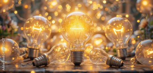  Glowing Edison bulbs hanging outdoors with warm golden light and bokeh background