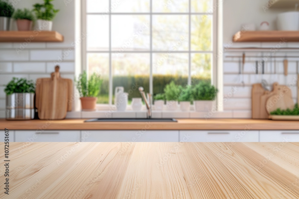 Empty wooden table top sits on blurred background of modern kitchen Empty wooden table top sits on blurred background of modern kitchen