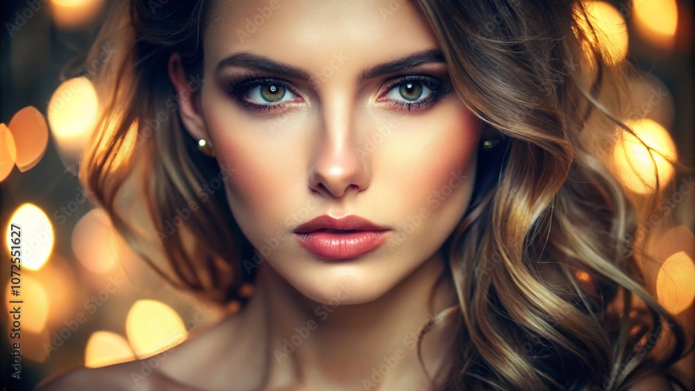 Fototapeta premium closeup of young beautiful woman model eyes intense gaze with light makeup soft lighting calm expression portrait beauty cosmetic 