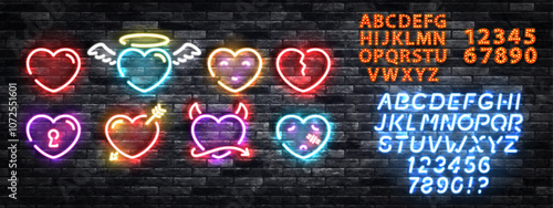 Vector set of neon sign of Hearts for Valentine's Day with alphabet font isolated on the wall background.