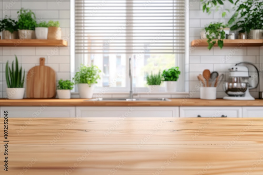 Empty wooden tabletop for product display in a blurred modern kitchen Empty wooden tabletop for product display in a blurred modern kitchen