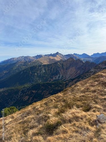 Panoramic views from Mount Giewont, Tatra Mountains, Poland, revealing sweeping landscapes and majestic peaks