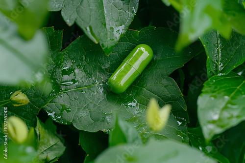 green capsule nestled in fresh green leaves, natural sunlight filters through foliage photo