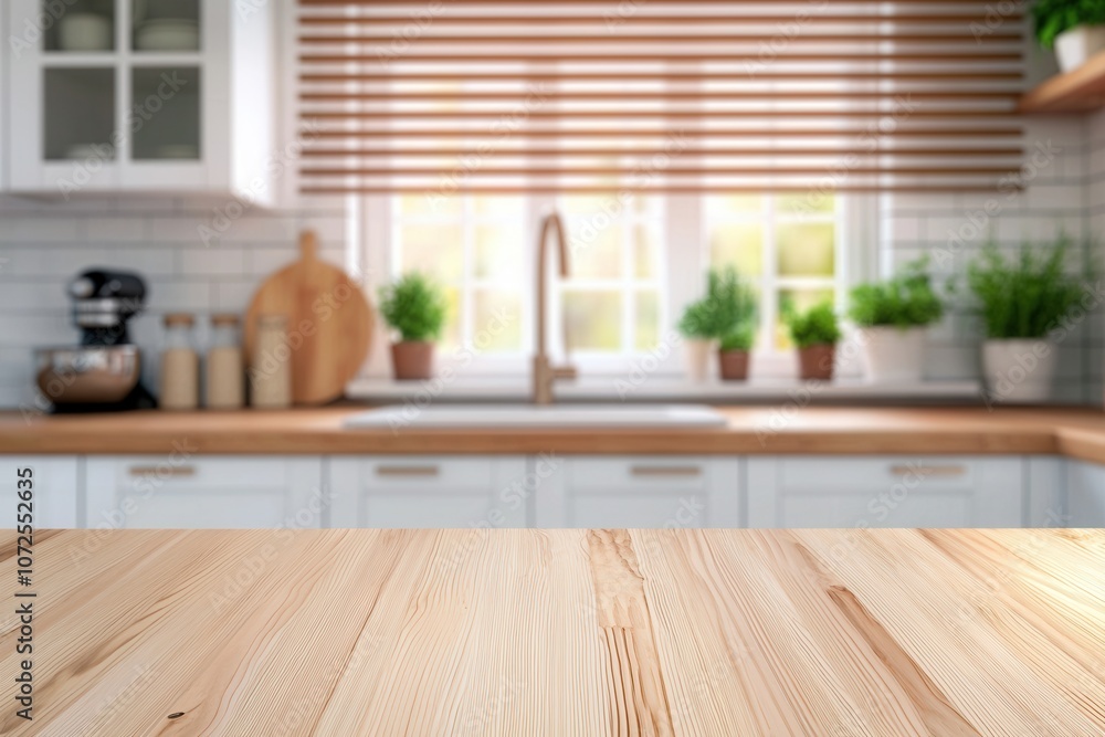 Empty wooden table top on blurred background of modern kitchen interior Empty wooden table top on blurred background of modern kitchen interior