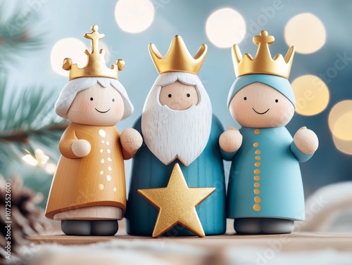 Three Kings figurines with crowns and a star, representing the Epiphany, on a festive background photo