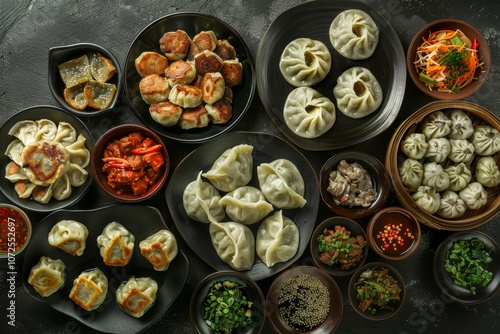 Cooking Dumplings Various Types, Oriental Ravioli, Gyoza, Dim Sum, Jiaozi, Fried and Boiled Pelmeni photo