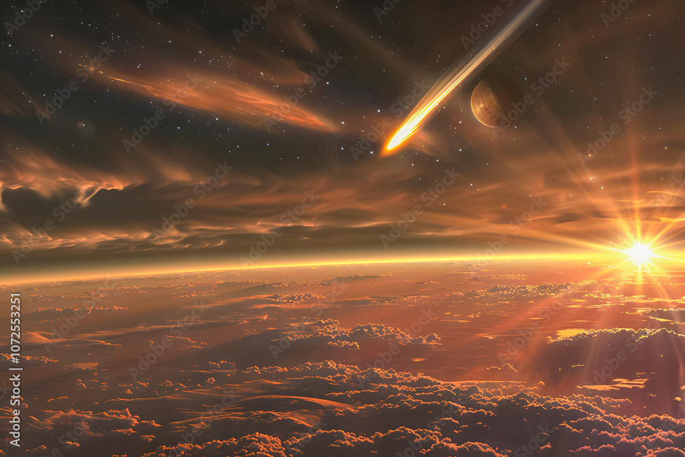 Fototapeta premium Comet with a glowing tail streaking through space