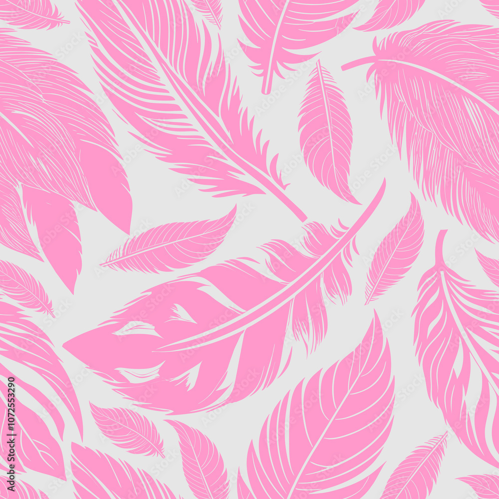 Obraz premium simple two-color seamless pattern of pink feathers on gray background, texture