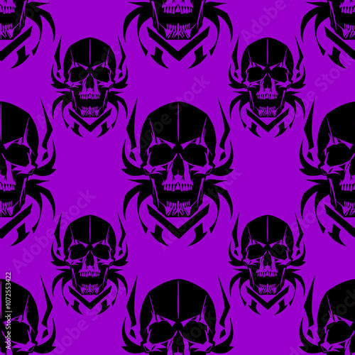 seamless symmetrical pattern of black human skulls on a purple background, texture, design