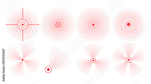 Set of red rings with sound waves, interrupted lines and dots. Rings with radial lines. Radar icon, targets, epicenter. Vector signal concentric vortex circles.