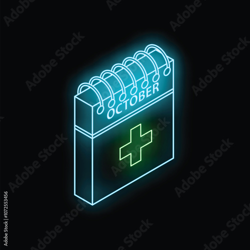 Glowing neon calendar showing october with plus sign on black background