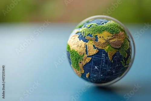 A detailed globe featuring continents and oceans on a blue surface with natural light