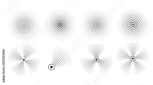 Set of black rings with sound waves, interrupted lines and dots. Rings with radial lines. Radar icon, targets, epicenter. Concentric vortex circles. Vector illustration
