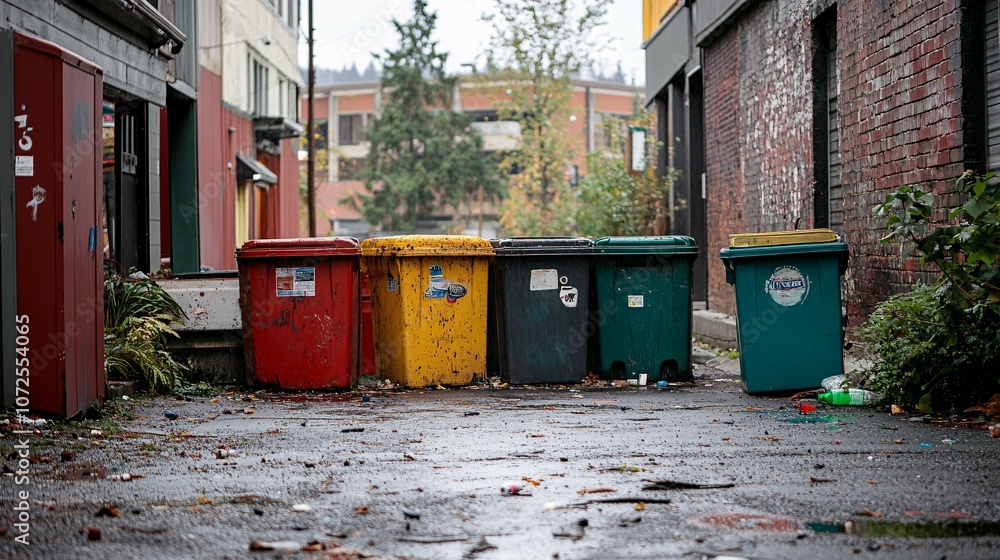 Obraz premium Row of Recycling Bins in Urban Alleyway