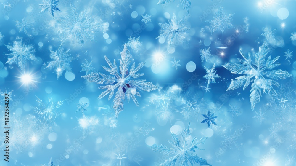 Intricate snowflakes falling against a shimmering blue sky Intricate snowflakes falling against a shimmering blue sky