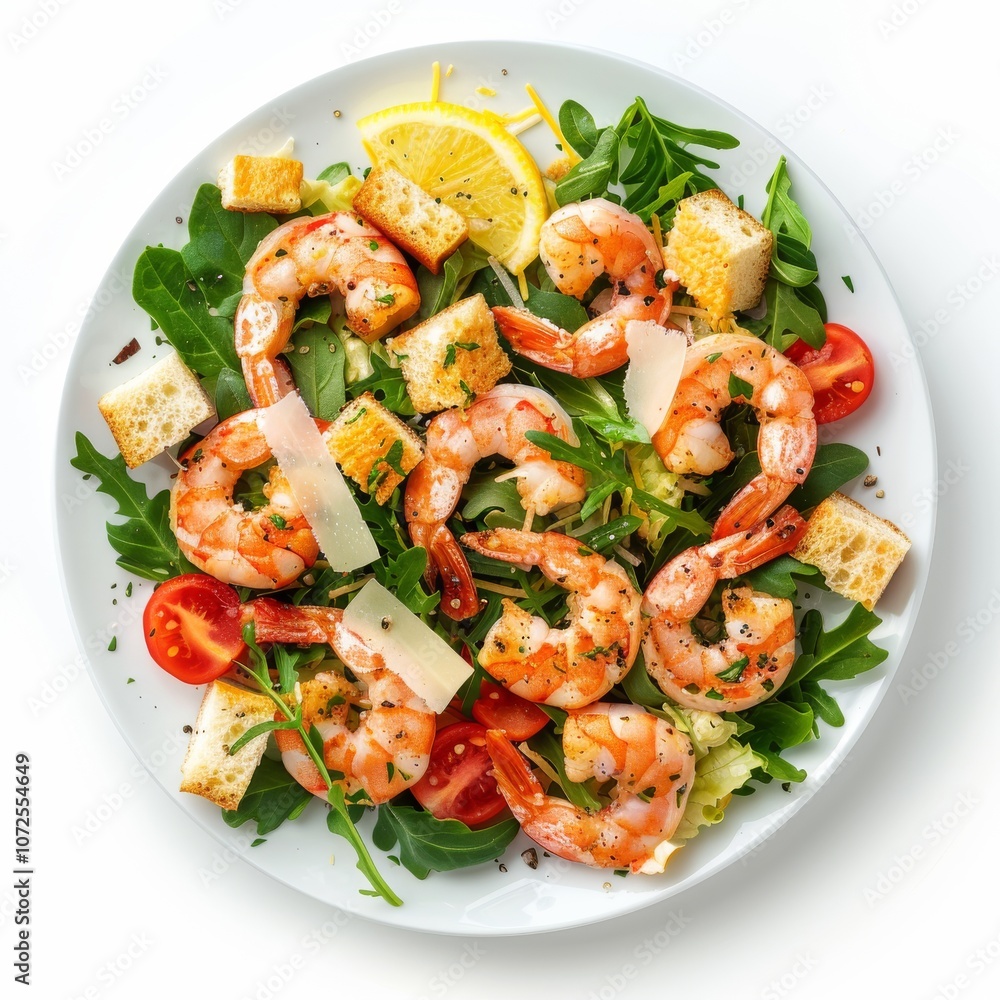 Caesar Salad, Cesar Salat or Barbecue Shrimps Ceasar with Green Lettuce, Grated Parmesan Cheese Caesar Salad, Cesar Salat or Barbecue Shrimps Ceasar with Green Lettuce, Grated Parmesan Cheese